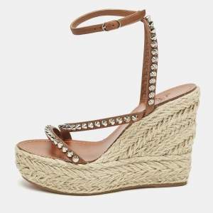 Christian Louboutin Brown Leather Mafaldina Espadrille Wedge Sandals Size 38