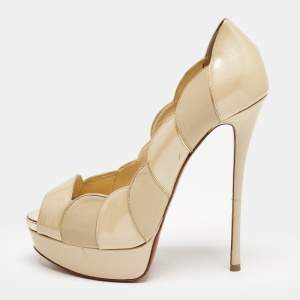 Christian Louboutin Beige/Gold Leather and Patent Leather Torsatoe Peep Toe Pumps Size 38