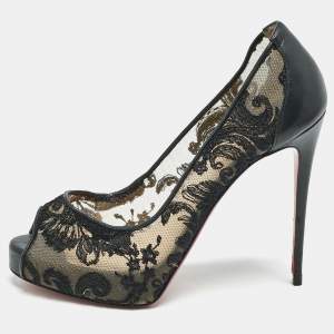 Christian Louboutin Black Lace and Leather Very Lace Peep Toe Pumps Size 37