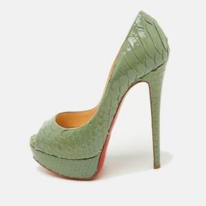 Christian Louboutin Sage Green Python Lady Peep Toe Platform Pumps Size 35