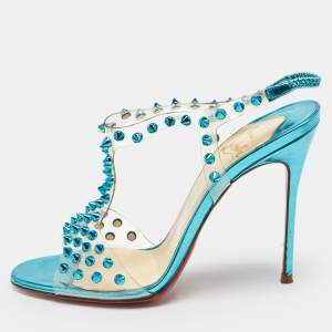 Christian Louboutin Turquoise Spiked PVC J-Lissimo T Strap Sandals Size 37