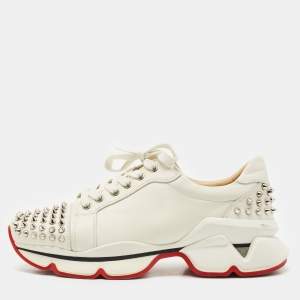 Christian Louboutin White Leather Spike Lace Up Sneakers Size 39.5