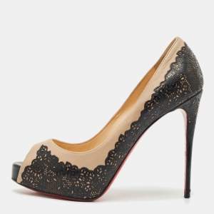 Christian Louboutin Two Tone Laser Cut Lace Patent And Leather Veramucha Peep Toe Pumps Size 37.5