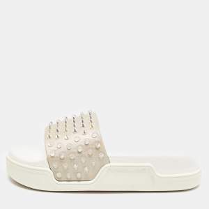 Christian Louboutin White Leather Pool Fun Flat Slides Size 37