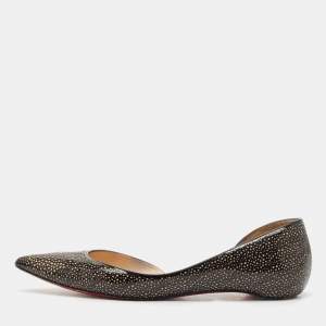 Christian Louboutin Black/Beige Lasercut Patent Leather and Suede D'Orsay Ballet Flats Size 38