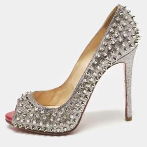 Christian Louboutin Metallic Silver Glitter Yolanda Spike Peep Toe Pumps Size 38.5