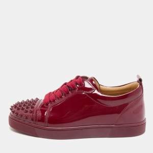 Christian Louboutin Burgundy Patent Leather Louis Junior Spikes Lace Up Sneakers Size 35