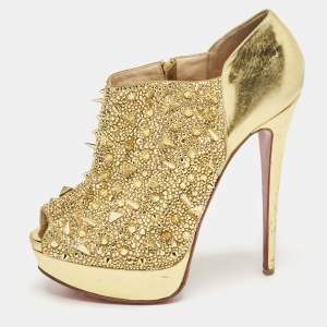 Christian Louboutin Metallic Gold Leather Bridget's Back Spike Peep Toe Booties Size 40