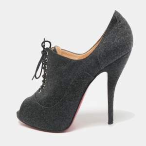 Christian Louboutin Dark Grey Fabric Flannel Lady Peep Toe Lace Up Booties Size 38.5