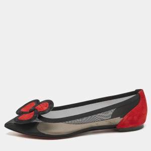 Christian Louboutin Black/Red Suede and Mesh Pansy Ballet Flats Size 40