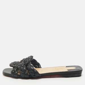 Christian Louboutin Black Woven Leather Marmella  Flat Slides Size 36