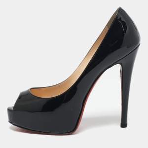 Christian Louboutin Black Patent Leather Vendome Peep Toe Pumps Size 35.5