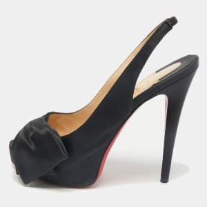 Christian Louboutin Black Satin Bow Peep Toe Platform Slingback Pumps Size 39.5