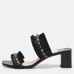 Christian Louboutin Black Raffia and Leather Marivodu Slide Sandals Size 37.5