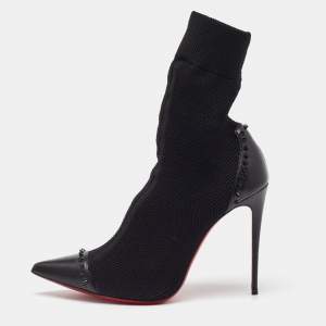 Christian Louboutin Black Knit Fabric and Leather Spikes Dovi Dova Socks Ankle Boots Size 40.5