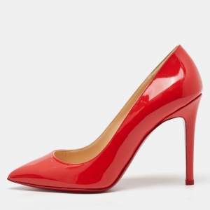Christian Louboutin Coral Red Patent Leather Pigalle Follies Pointed Toe Pumps Size 36