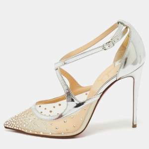 Christian Louboutin Silver/Beige Leather and Mesh Twistissima Pumps Size 38