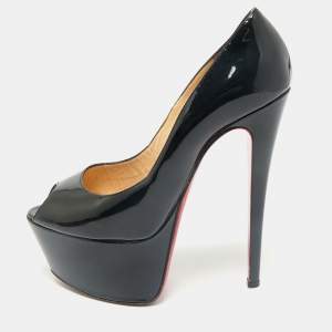 Christian Louboutin Black Patent Leather Vendome 120 Peep Toe Pumps Size 38