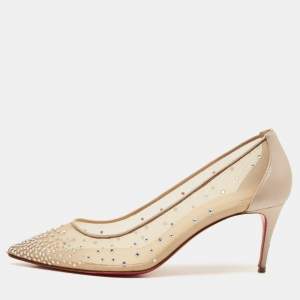Christian Louboutin Beige Mesh and Leather Follies Strass Pointed Toe Pumps Size 39