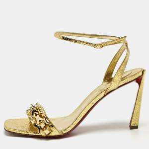 Christian Louboutin Gold Foil Crackled Leather Asteroispikes Ankle Strap Sandals Size 41