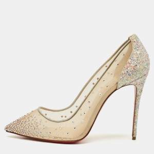 Christian Louboutin Beige Mesh and Glitter Follies Strass Pumps Size 41.5