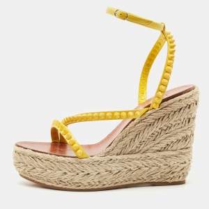 Christian Louboutin Yellow Patent Leather Mafaldina Zeppa Wedge Ankle Strap Sandals Size 40