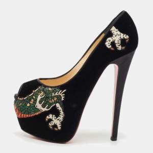 Christian Louboutin Black Velvet Highness Dragon Tattoo Platform Pumps Size 35.5