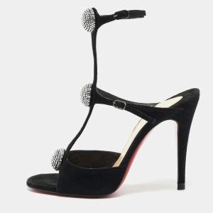 Christian Louboutin Black Suede Crystal Embellished Ankle Strap Sandals Size 35.5
