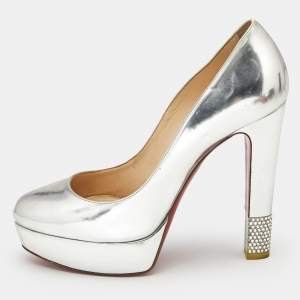 Christian Louboutin Silver Leather Crystal Embellished Platform Pumps Size 39