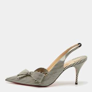 Christian Louboutin Black/Cream Patent Leather Stripes Clare Nodo 80 Pumps Size 39