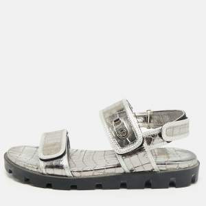 Christian Louboutin Silver Croc Embossed Leather Lock Cool Flat Sandals Size 40