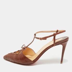 Christian Louboutin Brown Croc Embossed Leather Crococuty Ankle-Strap Pumps Size 38.5