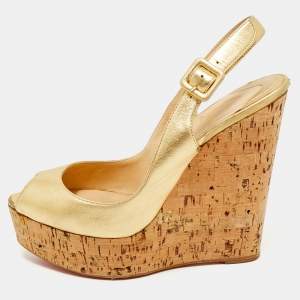 Christian Louboutin Gold Leather Cork Wedge Sandals Size 38