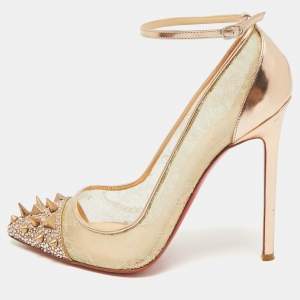 Christian Louboutin Rose Gold  Lace and Leather Spike Decollete Pumps Size 38