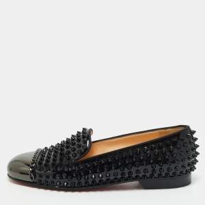 Christian Louboutin Black Patent Leather Glitz Spikes Smoking Slippers Size 38