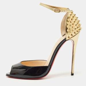 Christian Louboutin Black/Gold Patent Leather Pina Spike Sandals Size 37.5