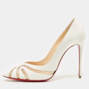 Christian Louboutin White Patent Leather and Mesh Olive 100 Pumps Size 40