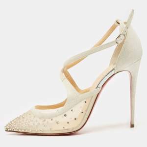 Christian Louboutin Silver Lurex Fabric and Mesh Twistissima Strass Sandals Size 40