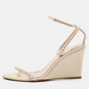 Christian Louboutin Cream Patent Leather So Me Ankle Strap Wedge Sandals Size 38