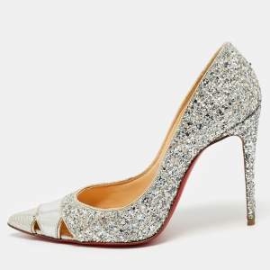 Christian Louboutin Silver Coarse Glitter and Patent Leather Pointed Toe Pumps Size 36.5