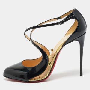 Christian Louboutin Black Patent Leather Crossettinetta Cross Strap Sandals Size 40.5