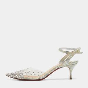 Pre Owned Christian Louboutin Silver Leather and PVC Spikaqueen Ankle Strap Sandals Size 36.5