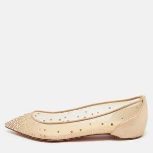 Pre Owned Christian Louboutin Beige Suede and Mesh Follies Strass Ballet Flats Size 37