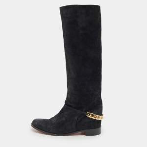 Christian Louboutin Navy Blue Suede Cate Chain-Trimmed Calf-Length Boots Size 37