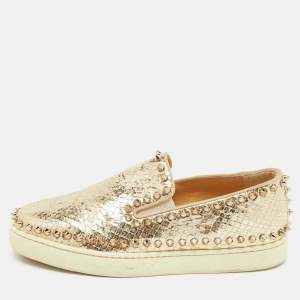 Christian Louboutin Gold Python Embossed Leather Pik Boat Slip On Sneakers Size 37