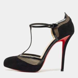 Christian Louboutin Black Suede and Mesh Mrs.Early T-Strap Sandals Size 39.5