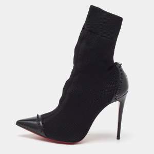Christian Louboutin Black Knit Fabric and Leather Dovi Dova Spikes Socks Ankle Boots Size 37.5
