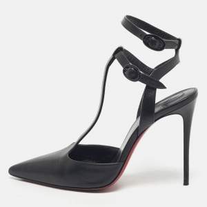 Pre Owned Christian Louboutin Black Leather Maravilla Ankle-Strap Pumps Size 37