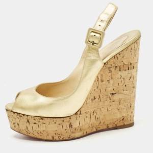Christian Louboutin Gold Leather Une Plume Wedge Sandals Size 37