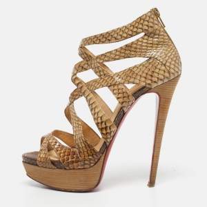 Christian Louboutin Brown/Beige Python Leather Balota Platform Sandals Size 38.5